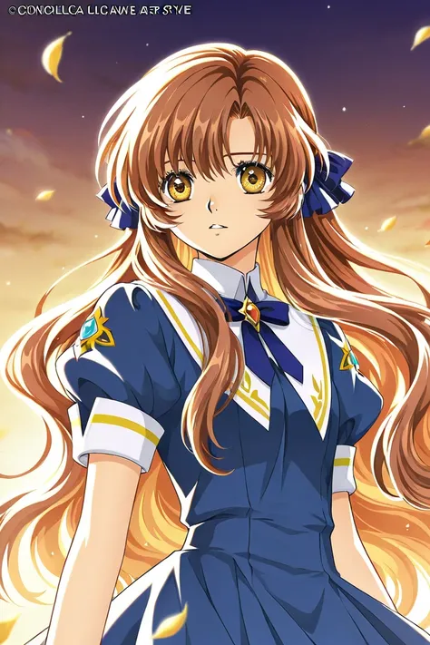 A girl that is an student. She has long wavy Brown hair with shiny golden eyes with blue dress uniform. She is brave and smiling. Kind. Clamp Tsubasa chronicles art style. 