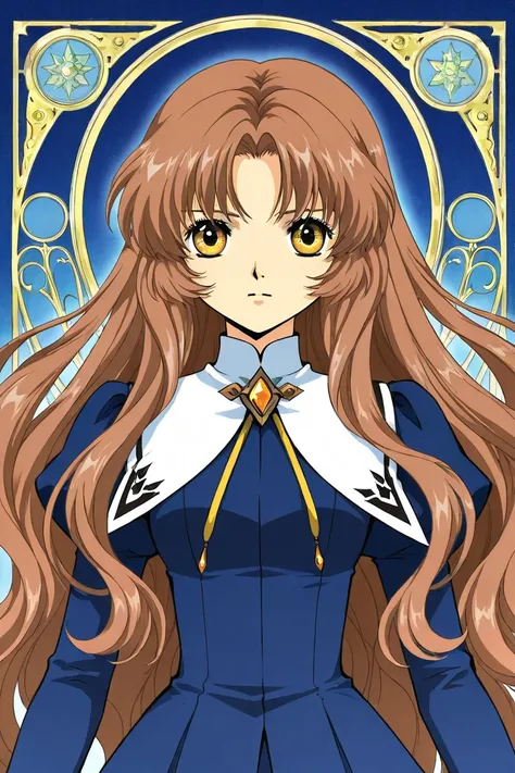 A girl that is an student. She has long wavy Brown hair with shiny golden eyes with blue dress uniform. She is brave and smiling. Kind. Clamp Tsubasa chronicles art style. 