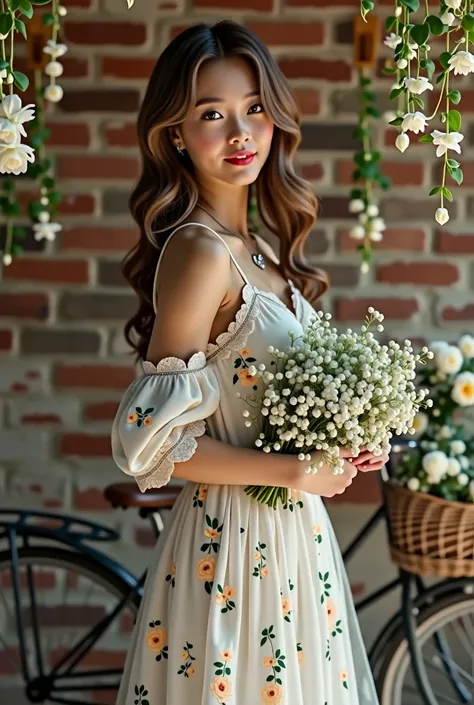 4K UHD pretty young girl wear white long white frocy with babys breth  forget me not  flowers printed cute pretty elegant face dark brown lips curly light brown wavy  hair wear hart shaped diamond pendent with silver locket hold a boquet of flowers  stand ...