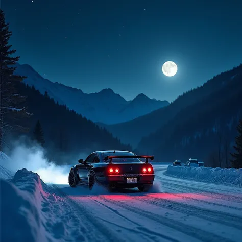 A black Japanese sports car that falls snow and that is drifting down a road that is next to it is a mountain at night and you can see the moon and you can see the stars and that is very, very very dark 