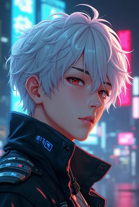 Anime boy with handsome look with White hair and cyberpunk from right side face only 