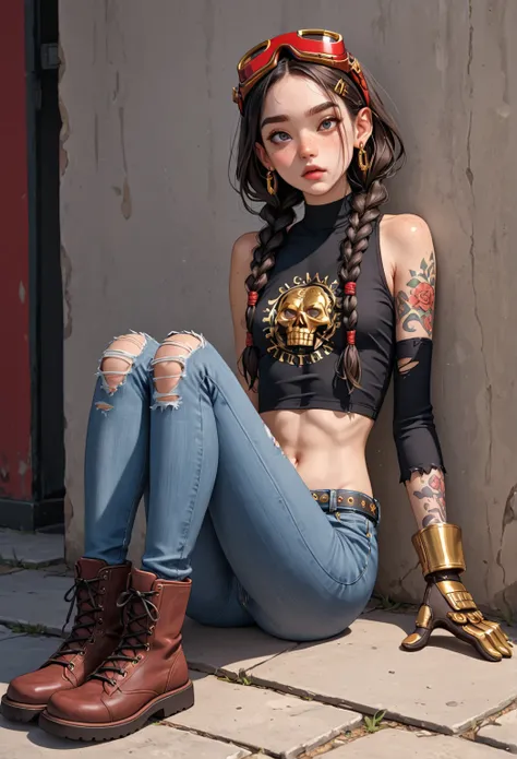 Create a thuggish style girl with two long dark black braids, light copper skin tone with black and purple tattoo sleeves covering her arms, legs, and torso/stomach she is wearing a ripped white cropped rank top and baggy, torn and tattered blue jeans, she...