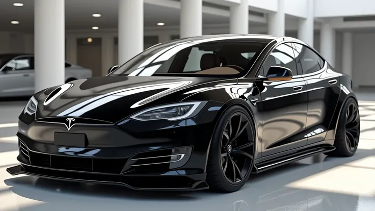 create an ultra-detailed 3D render, of a Modred 2025 Tesla model s plaid with a bold design looking long  captured from  straight back view. The car should feature a  black  with a Tesla model s plaid logo on its front, a large white detailed grille like r...