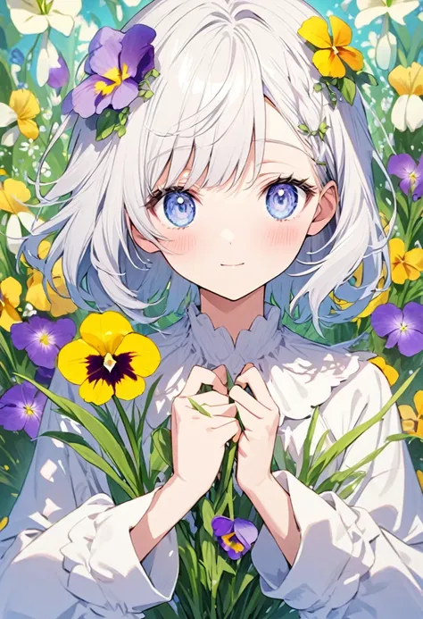    Transform floral art into hand-drawn illustrations. A beautiful woman with a young face、Create backgrounds with vibrant colors and unique touches   　  As for the type of flower     、Snowdrop、pansy、Fukujugusa no Hana   