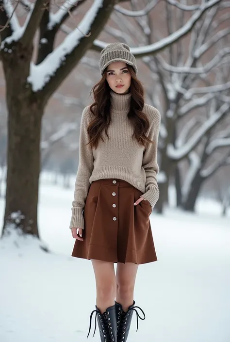 A woman should wear a turtleneck sweater with an A-line skirt, combat boots, and a wool hat, posing by a tree covered in snow.
