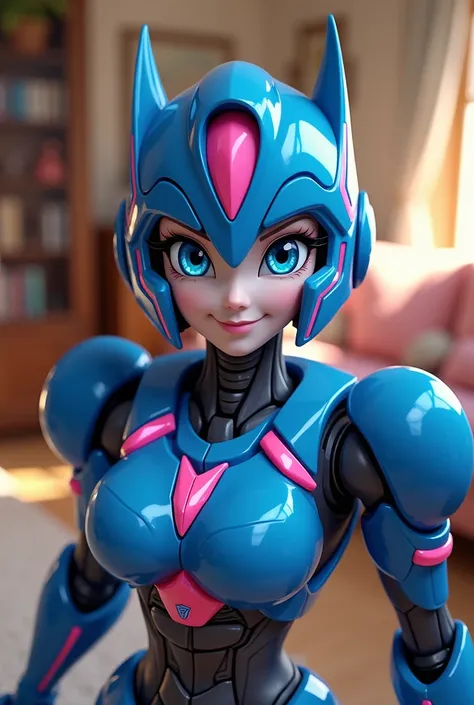  Arcee the autobot from transformers in the family room. Looking at and standing up super close to the camera like a selfie 
Cute smile 