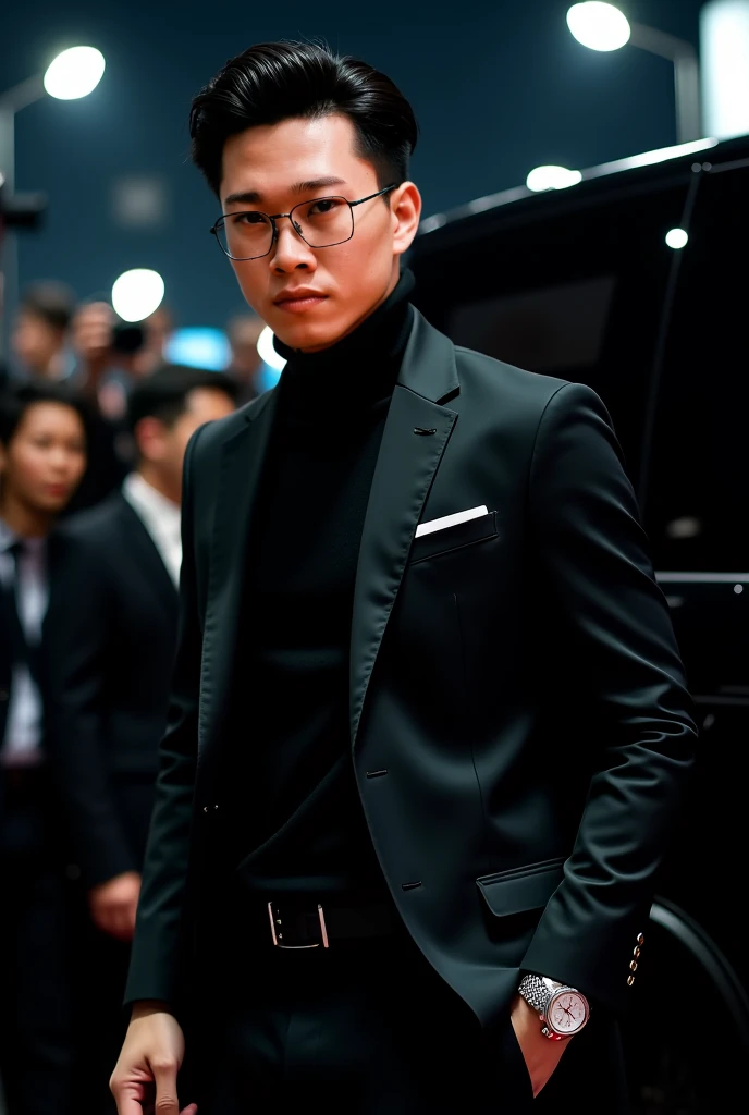 Handsome Asian man opened the door and got out of the car. He had side part hair. He has sharp eyes. He wore a black suit and a black turtleneck sweater underneath. On his wrist he wears a silver Rolex watch. One hand loosely held the hem of his vest, the ...