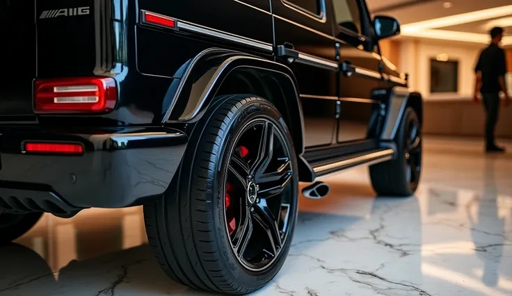 "Create a close-up view focusing on the side two wheels of a Mercedes-Benz G63 in glossy black. Highlight the intricate AMG alloy wheel design, premium tires, and the side exhaust detail. The setting is a luxurious showroom with polished marble flooring an...