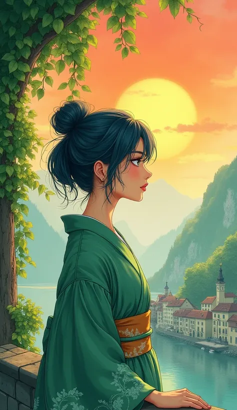 Illustration of a beautiful woman in close-up, blue-black hair, taken in a messy bun behind her head, she is on her back, looking to the side, she is wearing a green kimono with intricate designs, she is standing on a ledge, in the background the city of H...