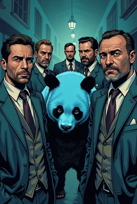 Comic: male mobster group with empathetic and retro vibes, and has a cornflower blue panda bear motif 