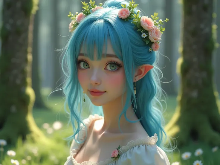 (Realistic Beauty: 1.3), (Realistic Sunshine, 8k, Top Quality, Masterpiece: 1.3), Blue hair, eyes are big and clear, full body image, feels like a real photo. Cute, lively, charming. Real photo, realistic, colorful, natural, no blur, high quality, no defec...