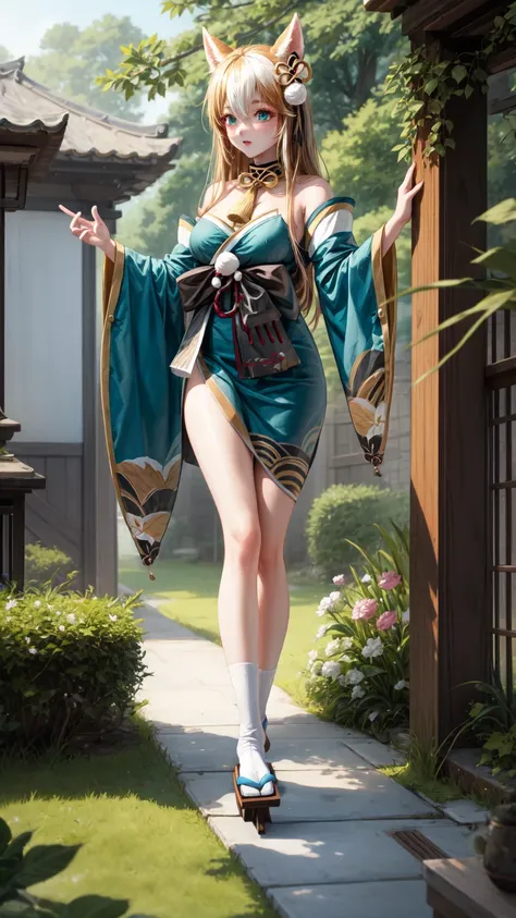  masterpiece,  best quality,  HIGH QUALITY,  full body,  outdoor,  looking at the spectator, 1 girl,  dynamic pose , hina-fi , Bicolor fur,  Japanese clothing , Green Kimono, cola,  bare shoulders ,