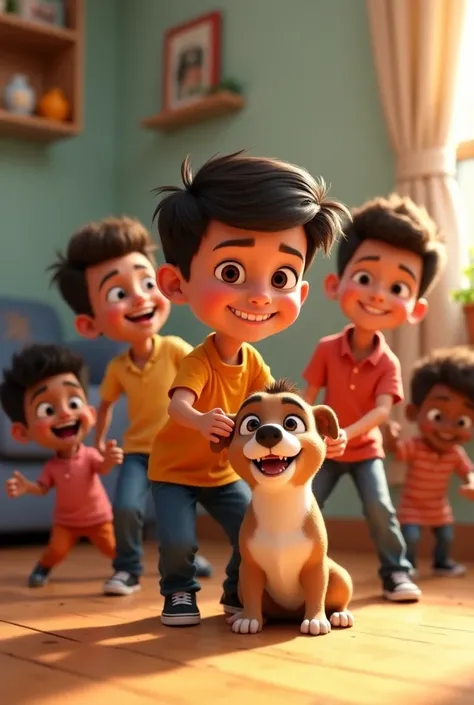 Create an image that says Humor at home 
With a boy with eight  ,  and 3 little brown boys and an American Bully dog in the Disney Pixar style 