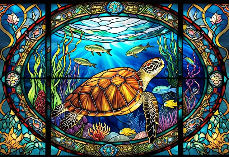 宝石のように輝く Sea Turtle and Snake Stained Glass アート、 Sea Turtle and Snake Stained Glass ,  Super Detailed Stained Glass Art ,  colorful and detailed , Standing by the window , Intricate Detailed Digital Art ,  extremely detailed visionary art,Chinese Sea Turtl...