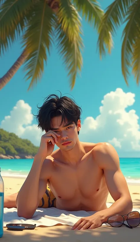 (photorealism:1.2),  very Handsome japanese man, 22-27 year-old,   beach, taking sun bath on the beach