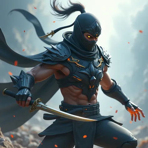 " A ninja warrior who wears light armor , aerodynamics,  in shades of green and gray ,  designed for speed and stealth .  His helmet has intricate details ,  with a visor that cover his eyes ,  and an upper part with ornaments that evoke the wind .  The ar...