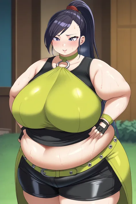 dragon_Quest martina , Martina、 long hair、 ponytail、 purple eyes、 black hair、 shoulder out、 ((( Yellow-green Crop Top, black tank top, yellow-green choker ,silver o-ring top , midriff,((boobs covered in clothes)),  black latex shorts , Yellow-green waist w...