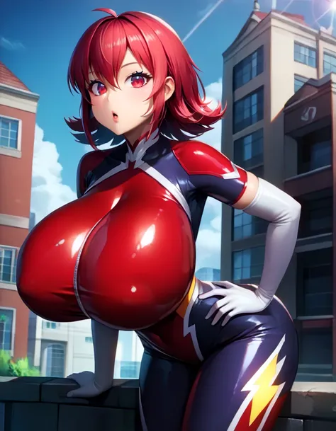 ((((Cutie Honey Flash;1)))), (((red medium hair, slim, red eyes, sharp eyes, tight suit, red bikini top, darkviolet body suit, white elbow glove))),((((huge breasts　curvy;1)))),
(((anime))),((high quality)),(((1girl, )))
(((perfect face))),(((perfect eyes)...