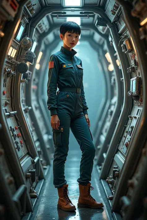 asian girl, 20 years old, black hair with a buzz cut, brown eyes, wears brown boots and Pony Express dull blue long sleeves coveralls, inside a rocket