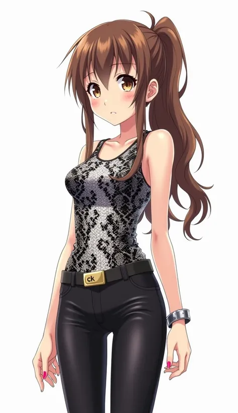 Japanese anime teenage woman with long brown hair with a ponytail leaving brown locks and eyes and pink nails and wears a tight tank top with snakeskin print in shades of black and white. She wears black leather pants and a belt with a buckle that has the ...