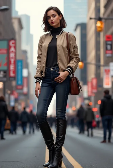 A woman should pair a bomber jacket with skinny jeans, knee-high boots, and a leather bag, standing on a busy street corner in the city.
