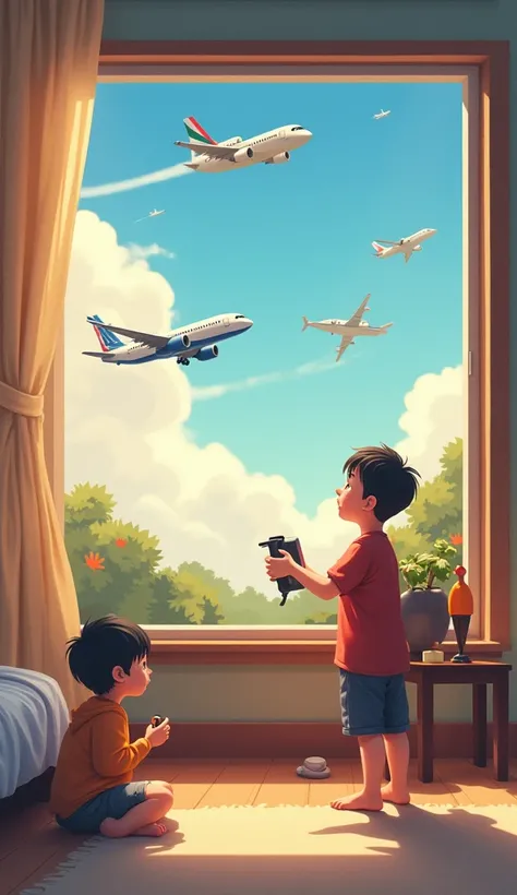 Minh dreaming of becoming a pilot: Minh lying in bed, looking up at the ceiling where a picture of a plane is flying.
Minh receiving a toy airplane as a gift: Minh opening a gift box with a look of excitement as he sees the toy airplane.
Minh playing with ...