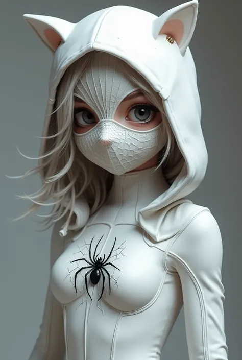  Create a Spiderman girl in a tight white suit a hood with cat ears pierced with rings half the eyes up to the nose covered by a white mask with a cobweb embroidery like white,  on her chest a spider with cat ears , The girl with wavy hair ,  little chest ...