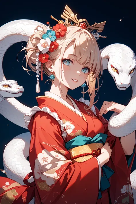 Girl with a white snake around her neck、 red kimono、Long-sleeved kimono