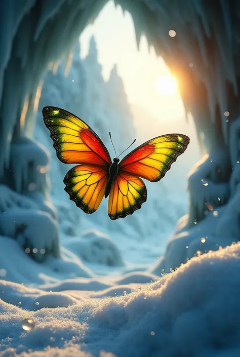 Hyper realistic beautiful butterfly yellow, red, and green flying around on the snowy and frozen cave  and back ground sun light and drmatic movie scene