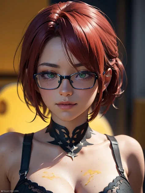  close-up ,  upper body.  square haircut,  red hair ,  green eyes,  metal-framed glasses, green bra,  smiling girl. ( masterpiece fails,  top quality,  better quality ,  official art ,  beautiful and aesthetic :1.2),  extremely detailed ,( fractal art :1.2...