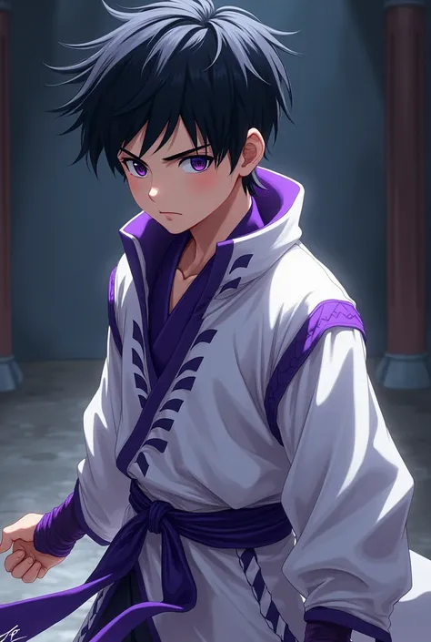  little character,white and purple ninja clothes,dark-haired boy,anime