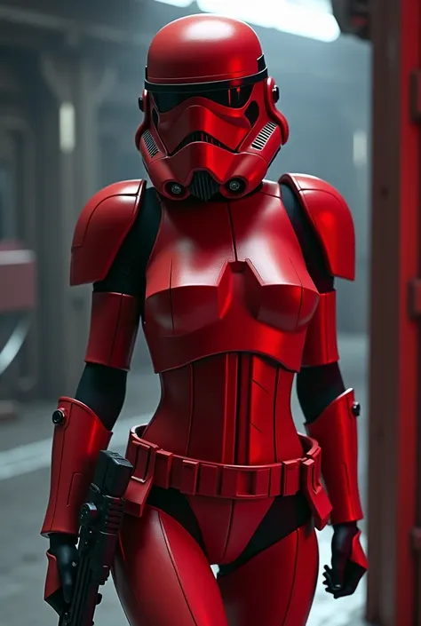 Sexy female stormtrooper (Star Wars), armored leotard, wearing helmet, red armor, no panties