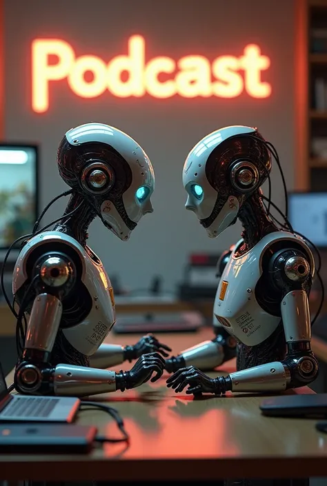 Two robots on a table and things podcast and Latin American title 