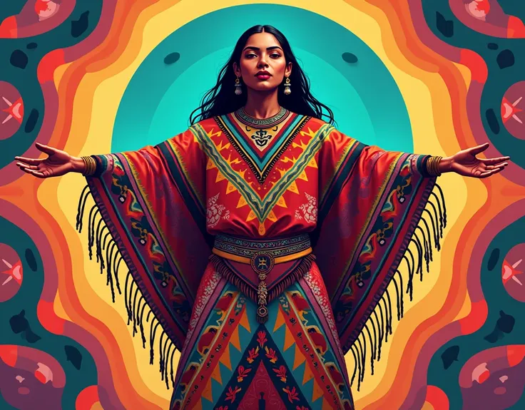  Create an illustration of a Wayuu woman with open arms wearing a blanket, traditional clothing for Wayuu women .  Combining colorful geometric figures pictorially illustrated 