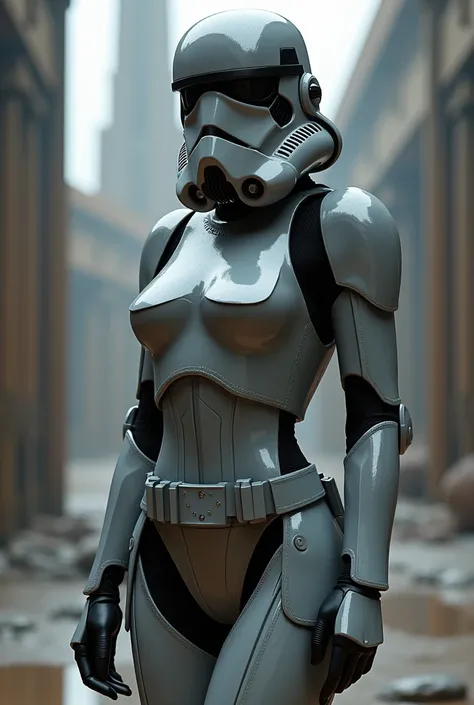 Sexy female stormtrooper (Star Wars), armored leotard, wearing helmet, grey armor, no panties