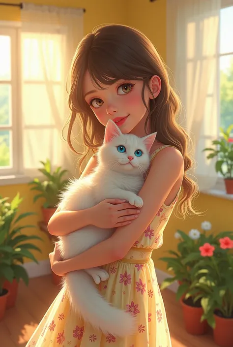 ( High Resolution :1.2,Reality, Vivid Color )  A girl Cradling a cat in a sunny room with vivid details of colorful ,  with beautiful detailed eyes ,  rich red lips , As well as a charming smile.  The girl wears a light flowing floral summer dress , swayin...