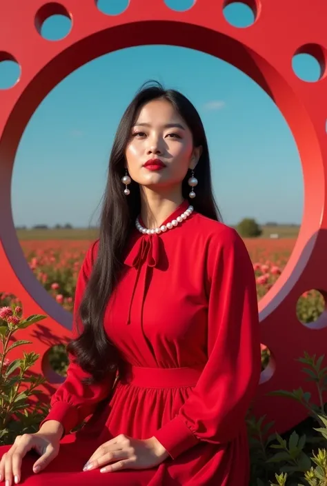  Portrait of a beautiful native Indonesian woman with long sleeves red dress in a ribbon ornament ,  wearing a ribbon pearl necklace ,Long haired pearl earrings wearing ribbon accessories in a bag , in a flower garden in red color visible the blue sky is s...