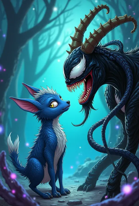 Comic book cover with shy and magical vibes, featuring Venom infecting a blue fishgoat