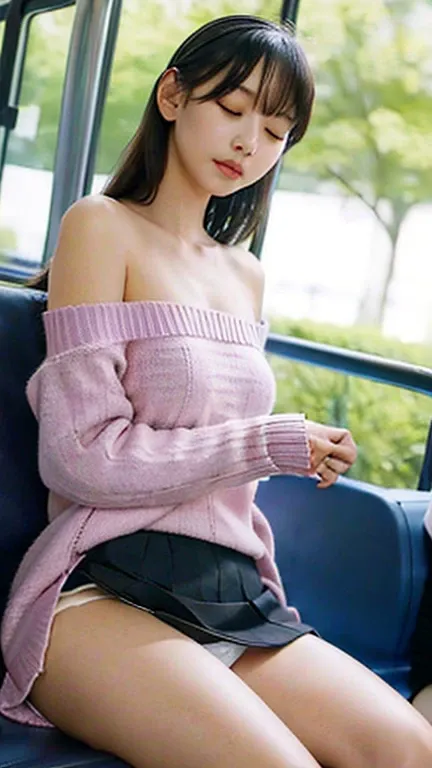     Beautiful Japanese women   、sleeping on the bus   、(    close your eyes   )、((    wearing a miniskirt    ))、bare shoulder sweater 、  sexy thighs  、  You can see part of her white panties,  View from below、