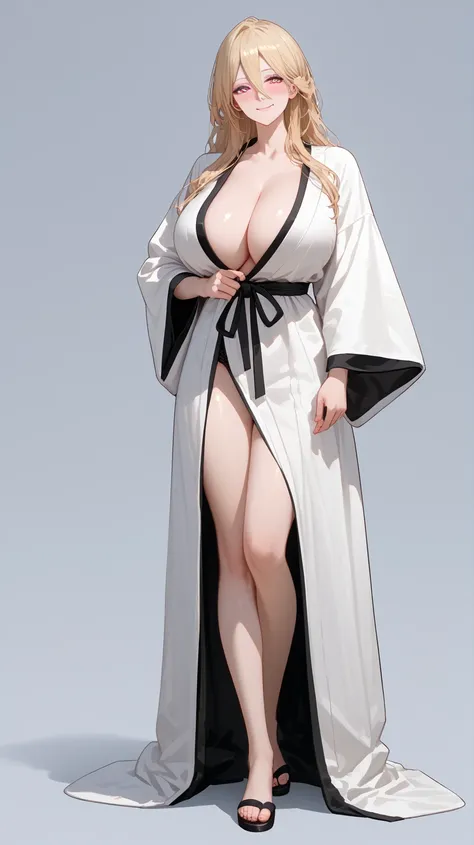 1 Girl,  unique ,  HD, Accurate,  long hair, blond,  hair between eyes,  Big Breasts ,  blush,  has a seductive smile, heart in eye,  Wearing a Daoist robe， Full Body Photo ， long legs，Black Silk:1.5， format:1.5，Huge breasts