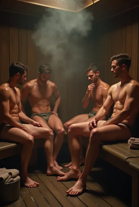 Completely naked men in the sauna 