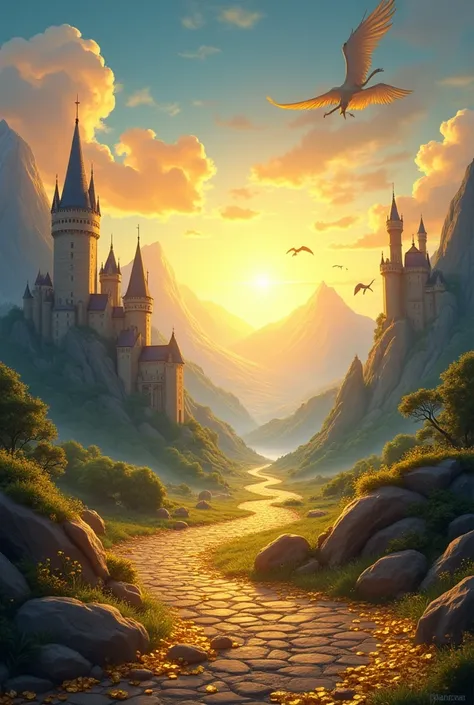 Prompt: "Create a dynamic and adventurous background for a TikTok story about a mobile game, featuring a fantasy medieval theme. The background should include gold treasure, mythical creatures, and a medieval landscape with castles, mountains, and a glowin...