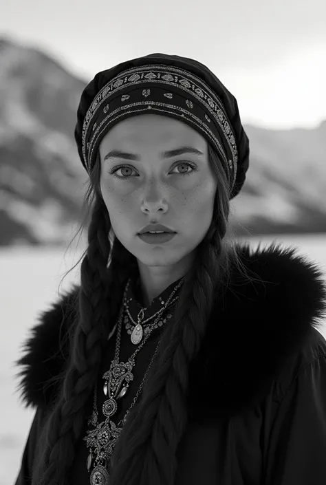 Black and white portrait of a Siberian woman in traditional clothing and landscape background