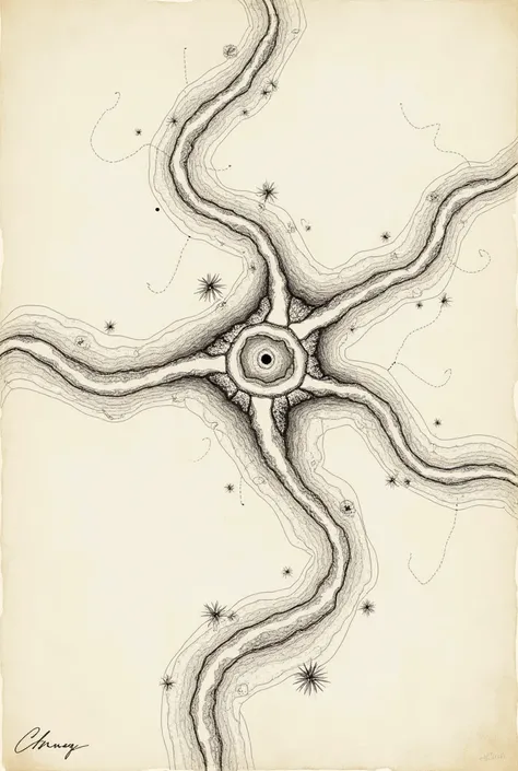 a sketch of a map combining several paths to a mid point hand drawn