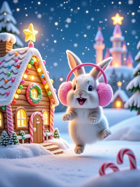 A sweet and festive scene, a cute little rabbit jumping with joy during Christmas. The little rabbit is wearing a pair of pink Christmas earmuffs and his furry body is covered with snowflakes. He is happily standing next to a Christmas house made of candy....