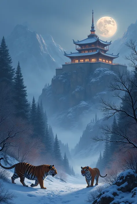 A medieval old kingdom with a mix of Korean and Chinese architectural influences, set in snowy, cold mountain landscapes at night. A grand castle looms in the background, with saber-toothed tigers roaming the area, adding an ancient, wild touch to the scen...