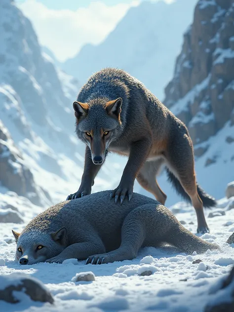 The jackal lies defeated in the center of the snowy ground, its eyes closed, while the pangolin stands triumphantly above it against a backdrop of icy cliffs.
