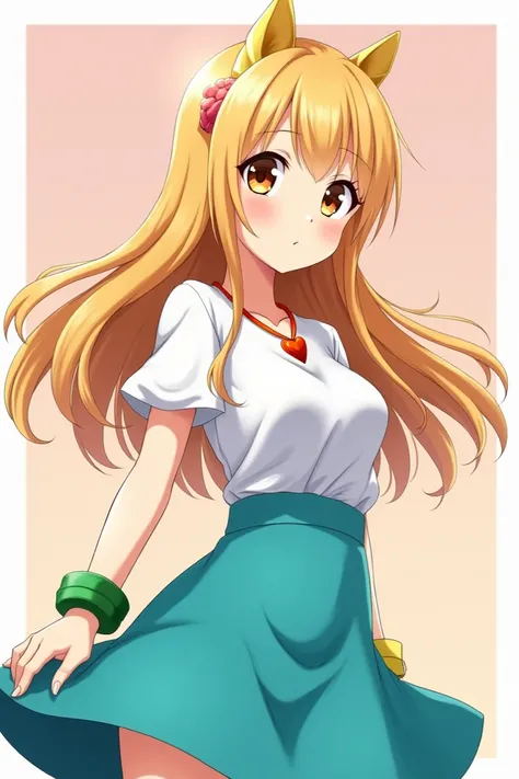  Make an image of a blonde anime girl with caramel brown eyes, dark orange heart necklace ,  cyan-colored skirt dress and also green bracelet , teacher 