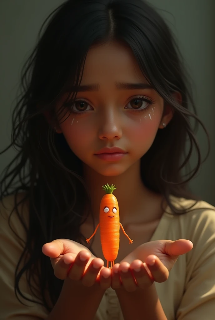 a cute indian lady in his hand a little Carrot lady face reckation sad 
 