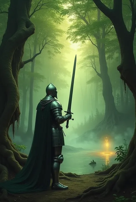 Knight in a Mystical Forest**  
"A lone medieval knight in polished silver armor, standing amidst a dense, ethereal forest bathed in green and golden light. Mist rises from the ground, and ancient trees with twisting roots surround him. A faint magical glo...